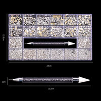 Boîte d'Emballage 21 Grilles Décoration Couleur Cristal AB 6 Couleurs Strass Nail Art avec Stylo Pointilleur