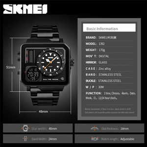 Nouvelle montre <span class=keywords><strong>Skmei</strong></span> 2time pour homme, montres-bracelets, montres numériques à quartz dorées, montres de sport tendance, étanches, en acier, <span class=keywords><strong>1392</strong></span> - Product Image 4