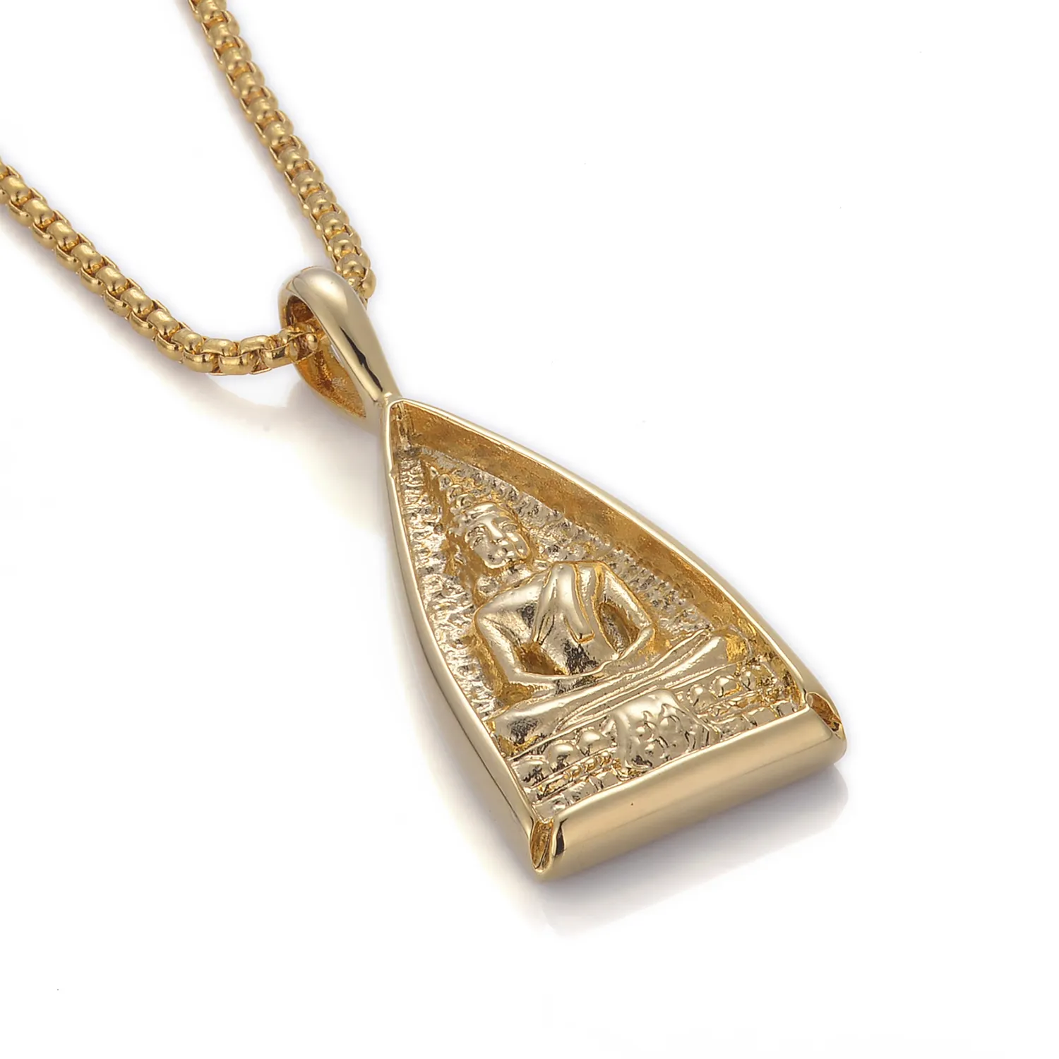 Colgante de Buda tailandés Triángulo de acero inoxidable Gargantilla chapada en oro de 18K con collar de cadena de caja