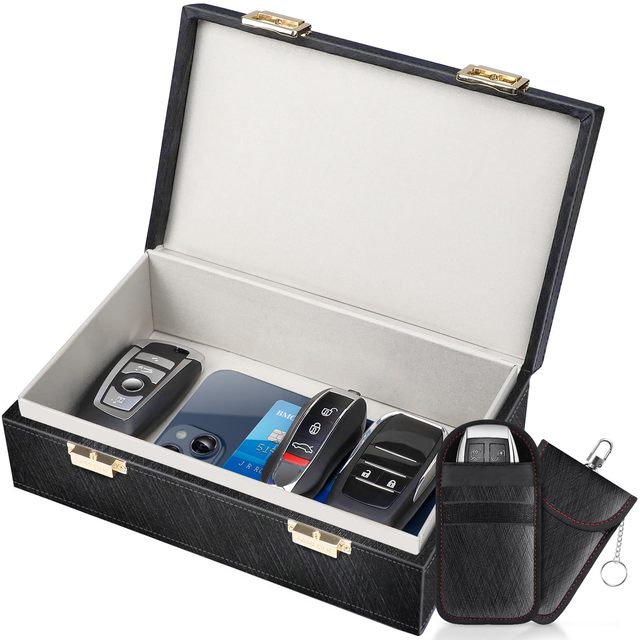 Keyless Leather Entry Car Key Safe Protector Blocker RFID Anti-Theft Signal Blocking Cages Faraday Box with Faraday Pouch 2 Pack