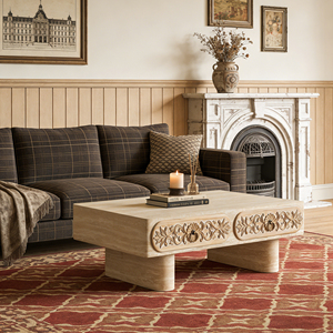 Table basse moderne à bords arrondis, durable, avec motif floral, tiroir en bois massif avec rangement pour le salon, le bureau - Product Image 3