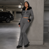 Ensemble de vêtements décontractés personnalisés Y2k, col en fourrure, strass, sweat-shirt à fermeture éclair en deux parties, pantalon évasé, pour femmes
