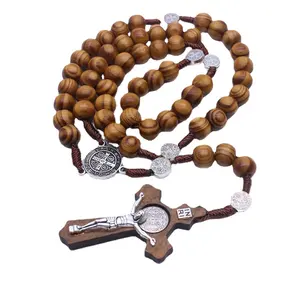Mân Côi Vòng cổ với hạt gỗ 10mm và Mặt dây chuyền chéo-Món quà tôn giáo cho người công giáo và Kitô hữu chính thống-zhaochen