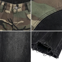 Jean en coton patchwork personnalisé 400g, coupe baggy à jambe large, imprimé camouflage, effet vieilli, délavé, avec patch en cuir, style Hip Hop Streetwear