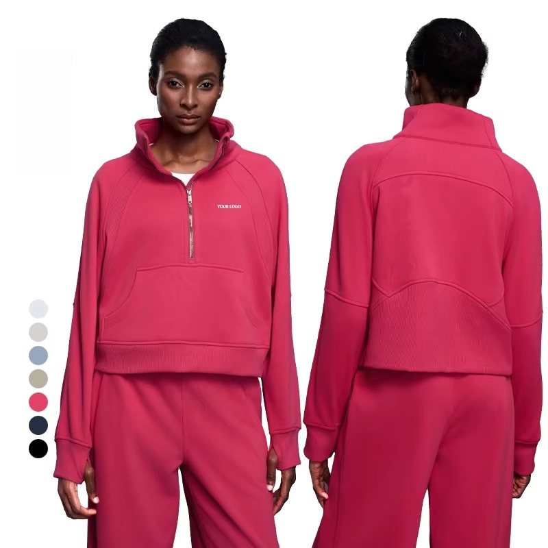 DCK-1020 Winter Women Sport Half Zipper Sweatshirts Casual Stand Collar Thumb Hole Design Loose Long Sleeved Yoga Top T-Shirt