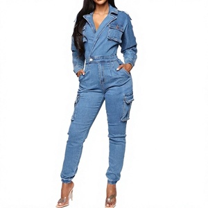 Mono vaquero de mujer de cintura alta, manga larga, estilo utilitario con bolsillos, color liso, para primavera y verano, estilo urbano. - Product Image 1