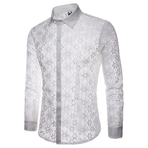 RNSHANGER Chemises d'été pour hommes Sexy à manches longues en <span class=keywords><strong>dentelle</strong></span> de couleur unie Voir à travers Clubwear <span class=keywords><strong>Chemise</strong></span> boutonnée <span class=keywords><strong>Chemise</strong></span> douce et respirante - Product Image 4
