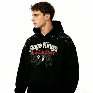 Sudadera con capucha negra de invierno para hombre, con lavado ácido y pedrería, gráficos estampados digitalmente, corte cropped y holgado, hombros caídos, de tejido grueso - Product Image 1