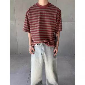 2025 Summer Loose Round Neck Beaded Solid Vintage Red Casual Men's Short Sleeve <b>T</b>-<b>Shirt</b> Trendy - Product Image 1