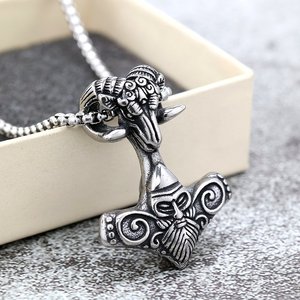Yunnique – pendentif nordique en acier inoxydable, tête de chèvre Viking, marteau de Thor, bijoux de charme pour hommes, cadeau, accessoire de collier à la mode - Product Image 2