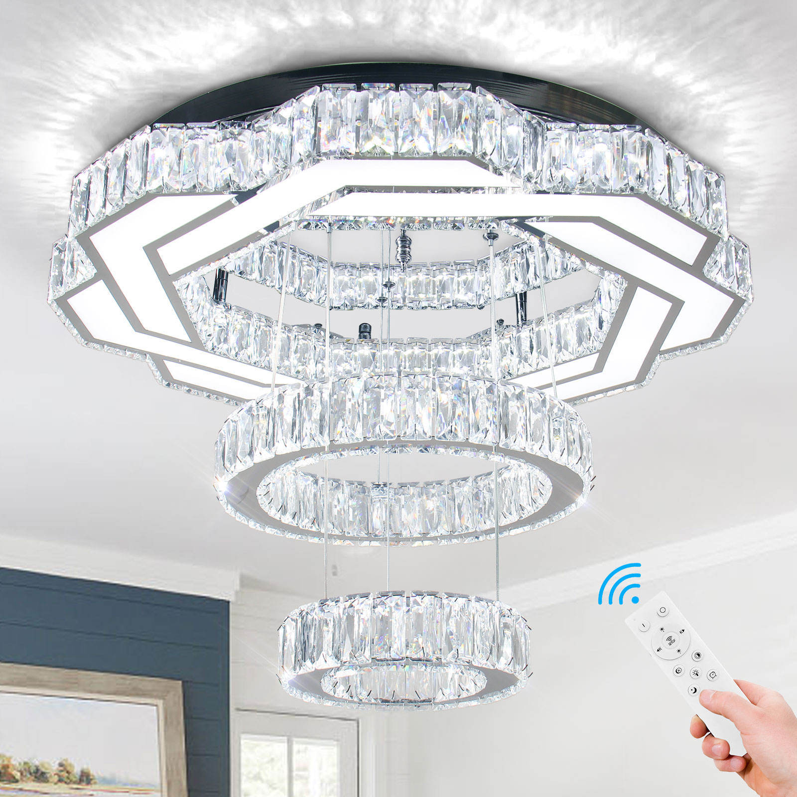 Creative Flower Shape K9 clear Crystal Ceiling Light Hanging High Brightness Ceiling Lamps with 2 Rings for Living Room