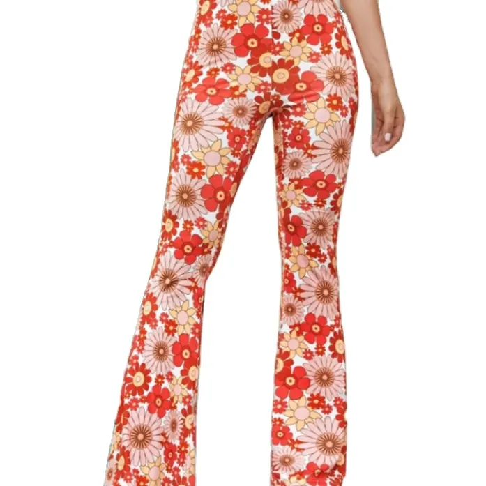Women Boho High Waist Flare Pants Slimming Casual Straight Retro Floral Print Comfy Yoga Palazzo Trousers Leggings