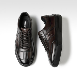 Men's Casual Leather Sneakers <b>Top</b> Layer Cowhide Mid Heel Solid Color Front Laces <b>Walking</b> Style Shoes - Product Image 2