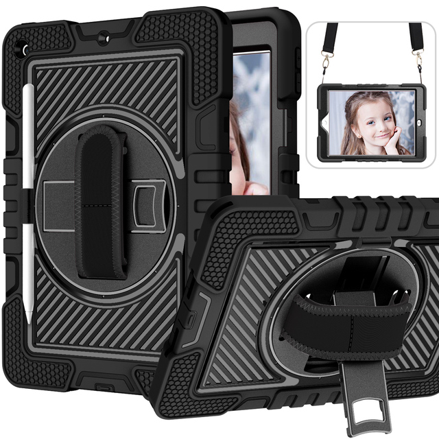 Heavy Duty Kids Tablet Cases for iPad 7th 8th 9th Gen 10.2 2021 Rugged Hand Shoulder Strap Kickstand Shockproof Rotation Cover