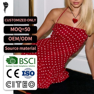 Minivestido rojo y blanco con lunares para mujer, vestido con cuello halter y dobladillo con volantes de gasa transparente - Product Image 1