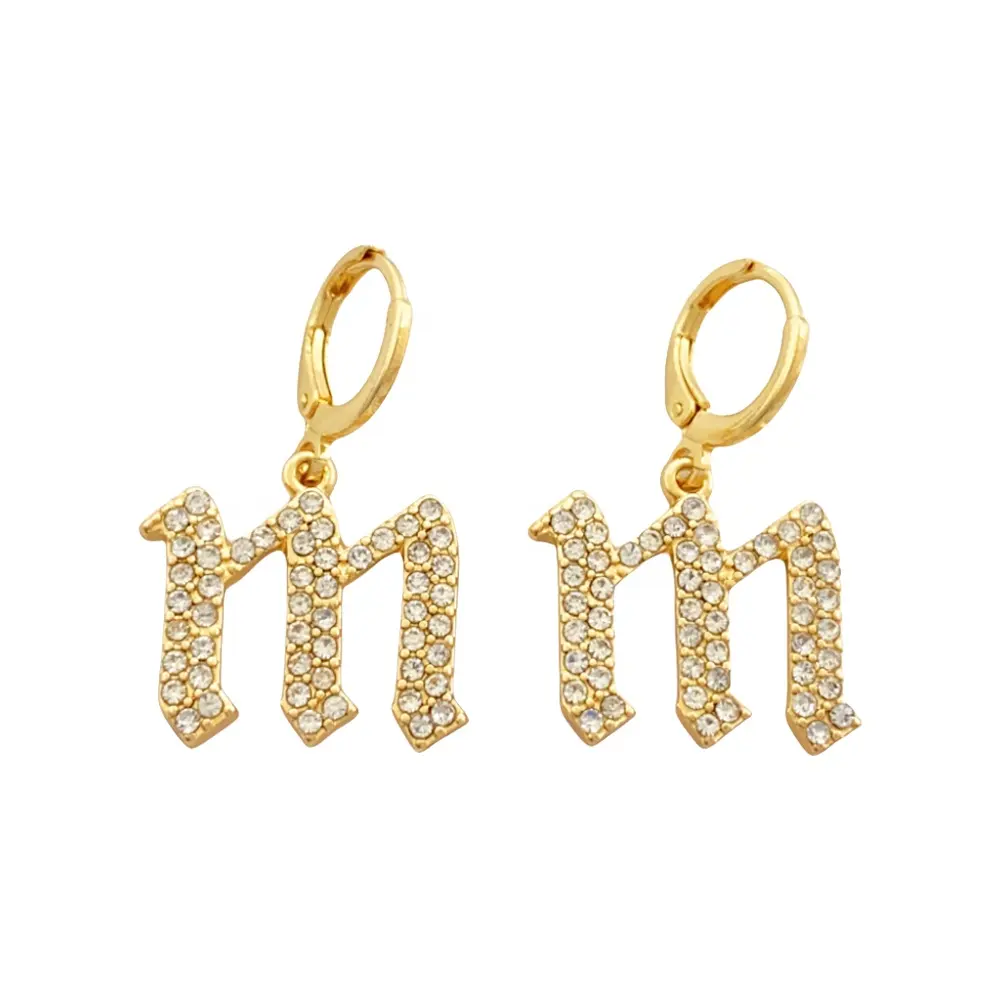 Commercio all'ingrosso Private Label custom lettere di cristallo di diamante placcato oro cerchio pendente in lega orecchini per le donne