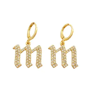 Wholesale Private Label custom diamond crystal letter gold plated hoop pendant alloy Earrings for women