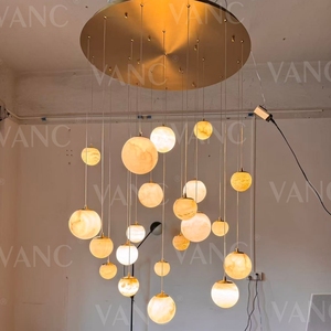 Lustre en <span class=keywords><strong>laiton</strong></span> personnalisé à hauteur réglable en albâtre pour villa, escalier, plafond haut, lampe suspendue - Product Image 6