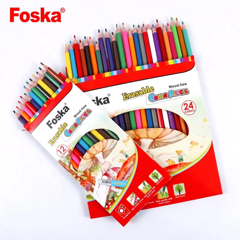 Foska ชุดดินสอสีสำหรับนักเรียน,ชุดดินสอสีแบบลบได้12 24สีขนาด7.0นิ้ว