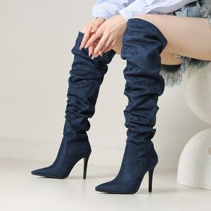 Botas Mujeres Trendy Wrinkle Shoes Stiletto Thin <b>Heel</b> Knee-High Women Boots - Product Image 4