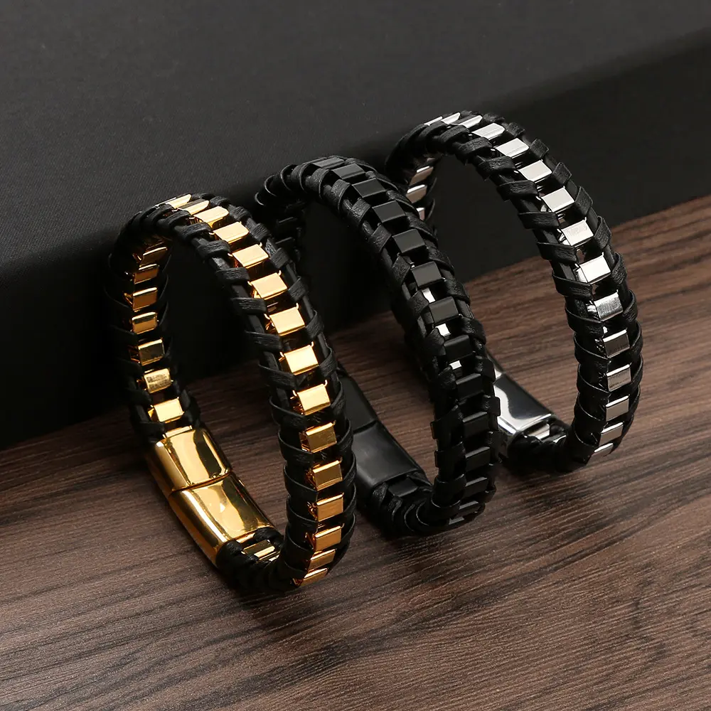 Customized Men Magnetic Bracelet Homme Accessories Jewelry leather Pulseras Stainless Steel Leather Bracelet For Men