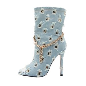 <span class=keywords><strong>Bottes</strong></span> uniques bottines à bout ouvert stiletto chaîne métallique garniture bleu ciel déchiré bout pointu <span class=keywords><strong>bottes</strong></span> de cowboy - Product Image 1