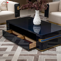 Meja Kopi Mewah Italia Modern Warna Biru Piano Lacquer Berlapis Cermin Rangka Kayu Penyimpanan 4 Laci Inlay Logam Perabot Ruang Tamu