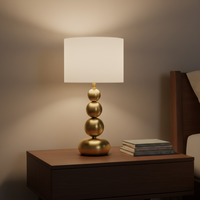 Lampe de table en métal à sphères empilées, LED dorée de luxe, style moderne et minimaliste, base E14, abat-jour en tissu blanc pour la décoration de chevet