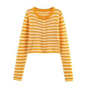 <strong>Orange</strong> Color Crew Neck Button up Striped Pattern Knitted Casual Fashion Sweater <strong>Cardigan</strong> for <strong>Women</strong> - Product Image 1