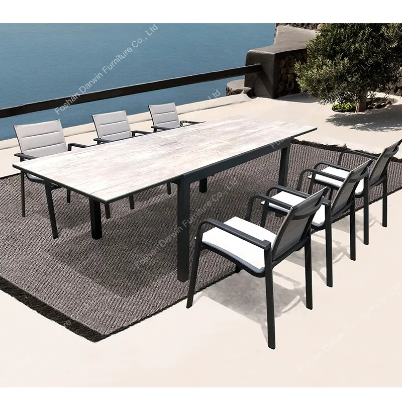Genişletilebilir yemek masası alüminyum mobilya bahçe setleri açık uzatın masa ve sandalye