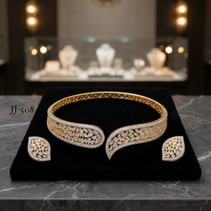 Luxury Brass Gold Plated Cubic Zirconia Open Choker Necklace Stud Earrings Jewelry <b>Set</b> for Women Wedding Party Wear - Product Image 3