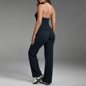 Lot de 2 pièces de vêtements de sport et de yoga à col halter en V profond, pantalon évasé taille haute, séchage rapide - Product Image 6