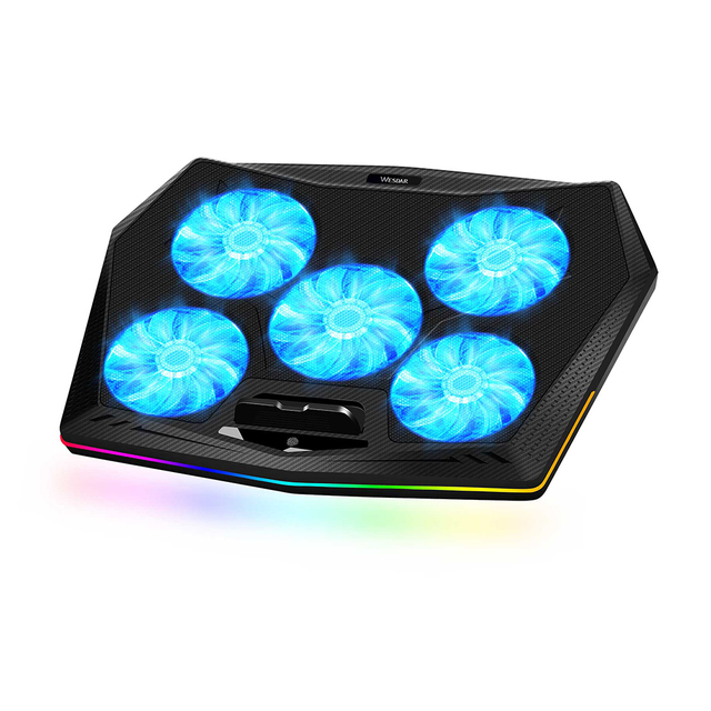 WESDAR RGB 5-Fan Foldable Laptop Cooler Stand for 14-17 Inch Notebooks Black LED Lights 2 USB Ports Portable Cooling Pad-Stock