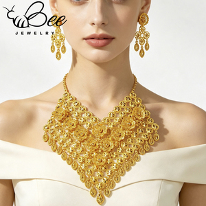 ชุดเครื่องประดับเจ้าสาวอินเดียใต้แบบดั้งเดิม ชุบทอง 24K สีทองบราซิล สร้อยคอ ต่างหู สำหรับงานแต่งงานเจ้าสาว - Product Image 4