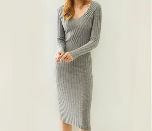 Manufacturer Custom Knitted Wool Women Slim Dress 2021 Ladies Fashion Long Sleeve Pullover Long Sweater casual Dress
