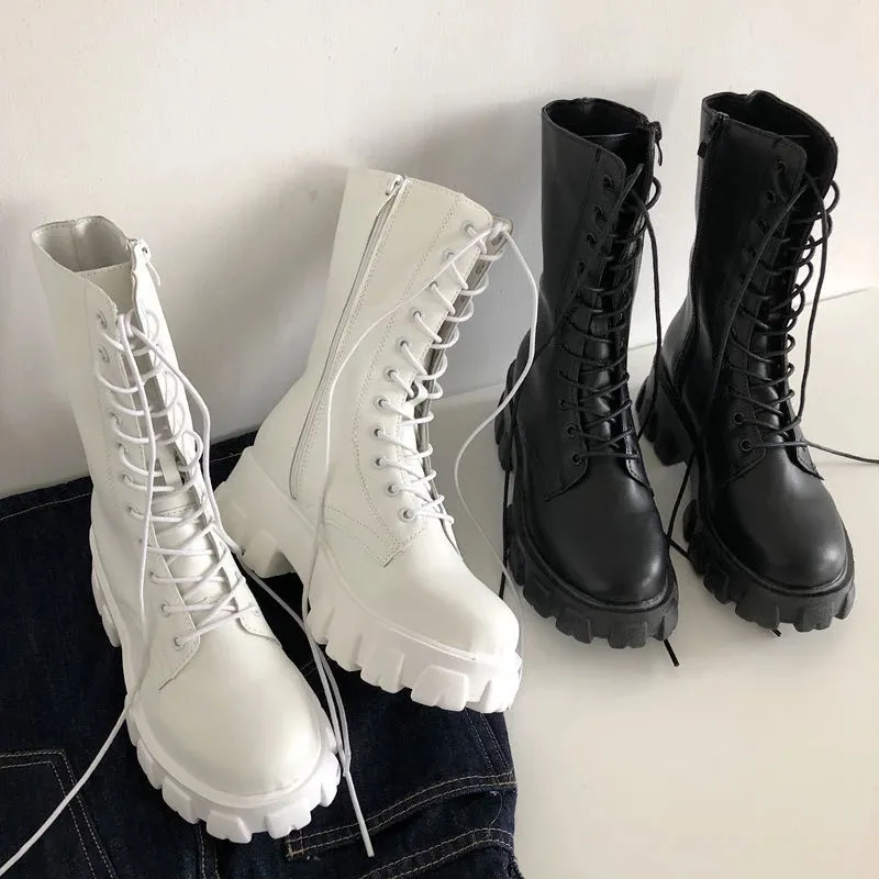 New Mid Calf Boots Womens Autumn Winter Fashion Lace-up Chelsea Zipper Botas Mujer Boots Chunky Platform Heel Ladies Shoes