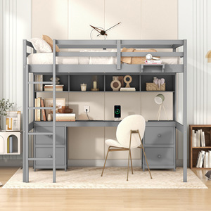 Lit mezzanine gris avec bureau et tiroirs, rangement multifonctionnel pour enfants, adultes et personnes âgées - Product Image 2