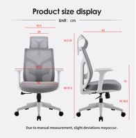 Chaise de bureau ergonomique moderne en maille avec siège surdimensionné, accoudoirs fixes, inclinable, hauteur réglable, 3 vérins à gaz, dossier haut
