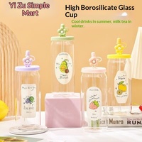 Gobelet en verre borosilicate haute résistance, résistant aux hautes températures, compatible lave-vaisselle et micro-ondes, avec couvercle imprimé fruits de dessin animé, tendance, avec paille