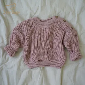 Blusa de malha longa de algodão orgânico para bebês, pulôver de malha robusta para bebês, suéter personalizado de outono e inverno