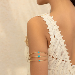 Brazalete Ajustable Abierto de Diseño Clásico con Múltiples Capas de Perlas de Imitación y Turquesa - Product Image 5