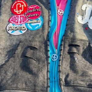 Heavyweight Oversized Acid <b>Wash</b> Zip up Hoodies Distress Patch High Quality Triple Zip Layer Boxy Cropped Hoodie Manufacturer - Product Image 4