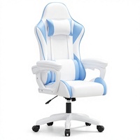 Chaise de jeu blanche et bleue pivotante pour ordinateur, siège de bureau à dossier haut avec accoudoirs rembourrés et inclinables pour la maison