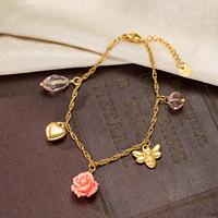 Bracelet en acier inoxydable avec motif abeille, rose et cœur, plaqué or 18K PVD, résine rose, anti-ternissement, chaîne réglable, pour femme, cadeau