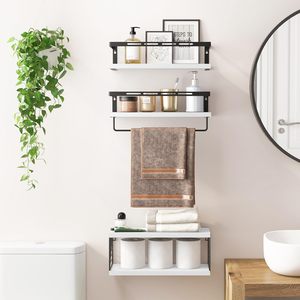 Estantes Flotantes de Madera de Estilo Rústico Blanco, Montados en la Pared con Cesta de Almacenamiento de Alambre y Barra para Toallas, para Baño, Cocina, Dormitorio - Product Image 4