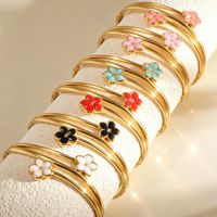 Bracelet jonc tendance en acier inoxydable plaqué or 18 carats avec double fleur émaillée colorée pour femme - Vente en gros