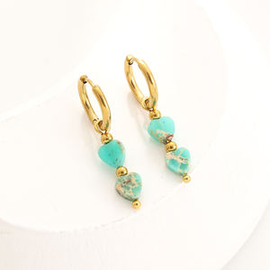 Ohrringe aus Edelstahl, Wasserdicht, Vergoldet, Kreisförmige Creolen, Naturstein-Herz-Anhänger, Schmuck - Product Image 3