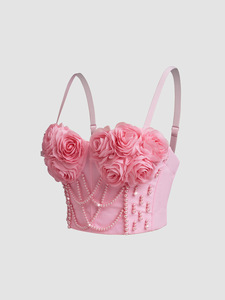 Top court à bretelles fines en forme d'arête de poisson avec rembourrage, ornements floraux et perles, style mode - Product Image 3