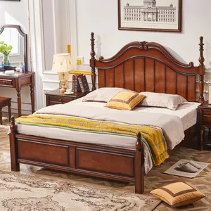 Amerikan tarzı özelleştirilmiş kauçuk ahşap yapısı çift kişilik yatak antika ceviz renk ahşap yatak için yatak odası mobilyası