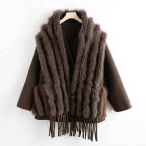 YRW025 vente directe d'usine accepter personnalisé faire luxe 100% <span class=keywords><strong>laine</strong></span> veste femmes élégantes manteau avec fourrure de renard châle 2 voies Style - Product Image 3